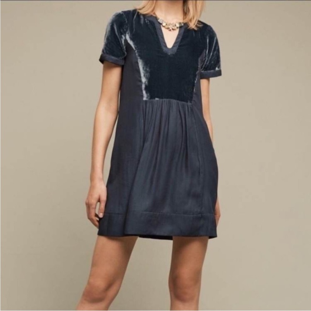 Anthropologie Maeve Teal Blue Velvet V Neck Short Sleeve Boho Dress Size XS - Picture 1 of 10